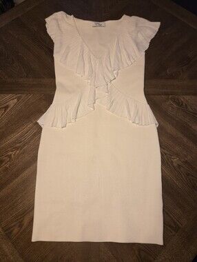 Bailey 44 Ruffle Knit Sheath Dress in Creme Drastic Off White sz SMALL